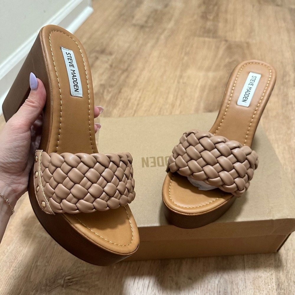 Steve Madden | NEW Amazed Nude Braided Platform Block Heel Slide Sandals, 8.5 - Picture 2 of 7